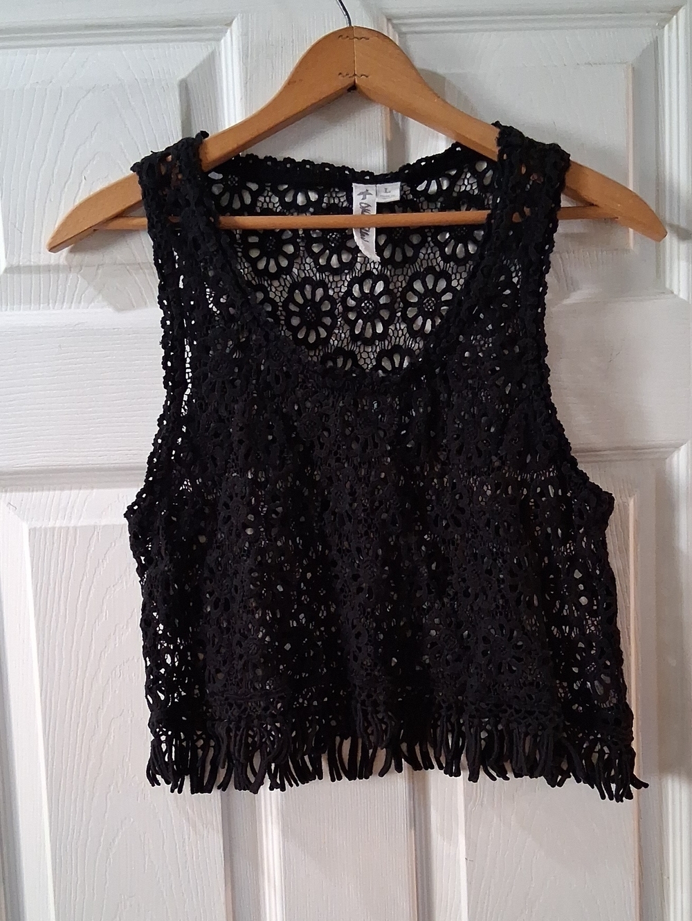 Others Follow Black Crochet Fringe Cropped Camisole